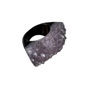 Natural Black Agate Chunky Crystal Ring Size 7